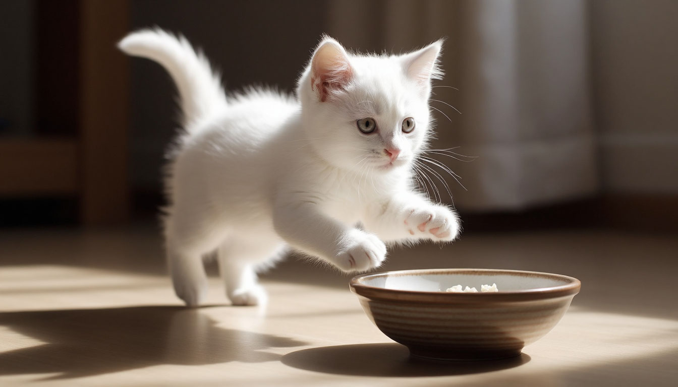 котенок бежит к миске кушать